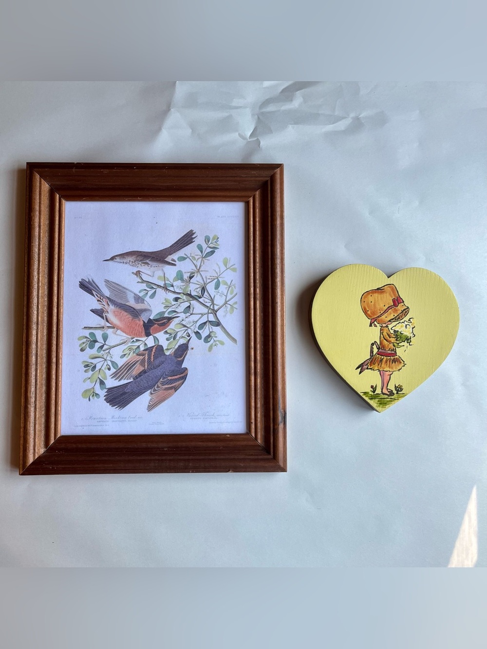 Vintage Wood Picture Frame w/ Fine Art Prints & Handmade Wall Heart -Bundle of 2
